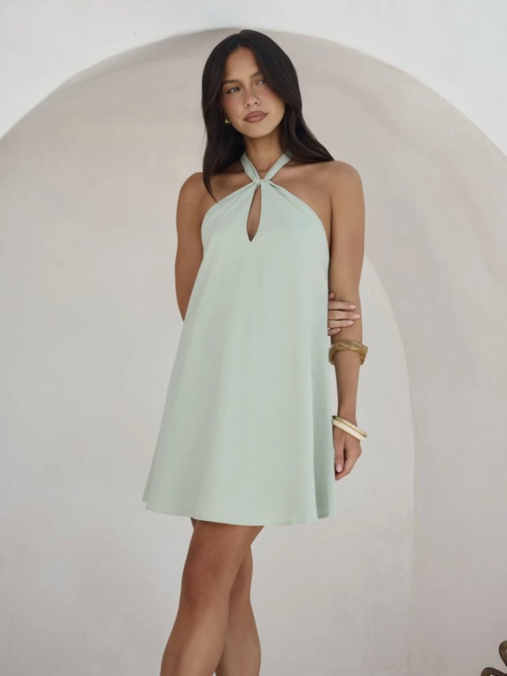 Fortunate One Sage Green Halter Linen Mini Dress NWT - Size XS